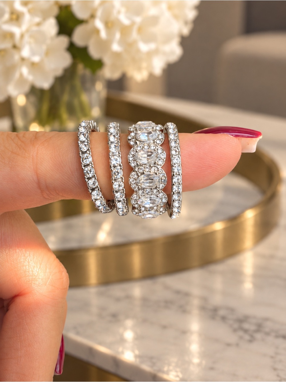 Stacked Silver Crystal Band Rings (4 pieces)